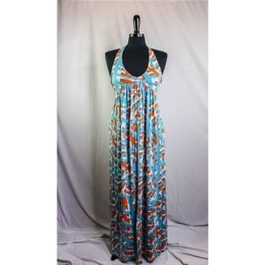 Diane Von Furstenberg Maxi Dress Halter Neckline Silk Nylon Blue Orange …